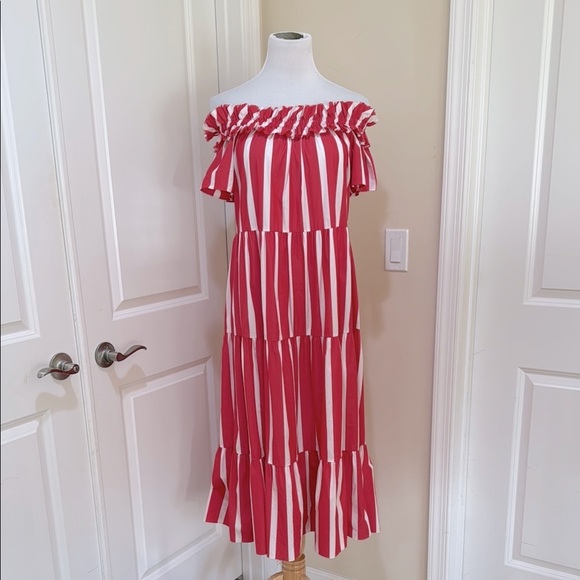 Trina Turk Cattleya Off The Shoulder Coral/White Striped Tiered Dress Size Small - Picture 2 of 10